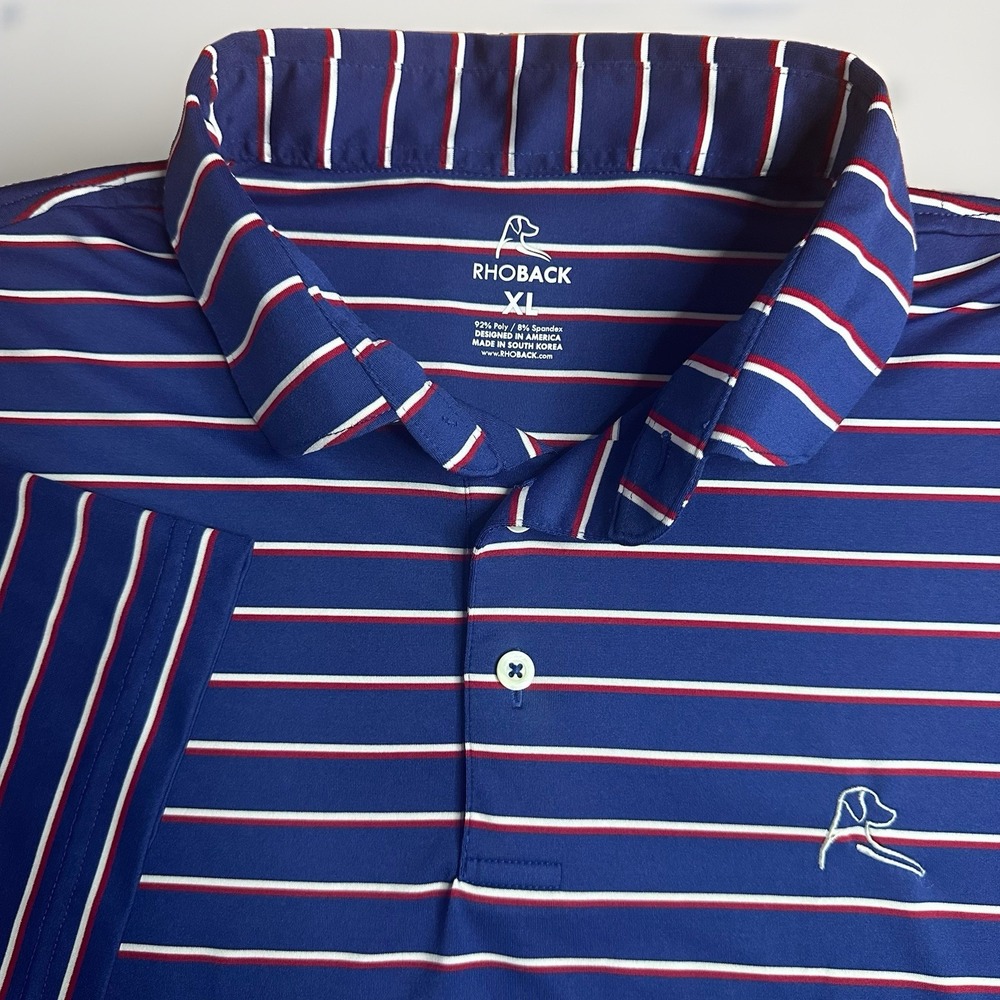 Rhoback Polo Shirt Men XL Blue White Red Golf Old Glory Stripe USA American Flag